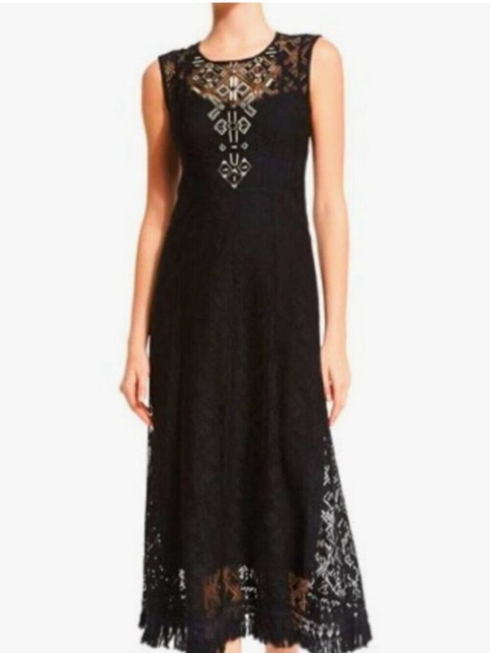 Nanette Lepore 4 Maxi Dress Small Fall Midi Boho Unique Beaded Lace Art to wear